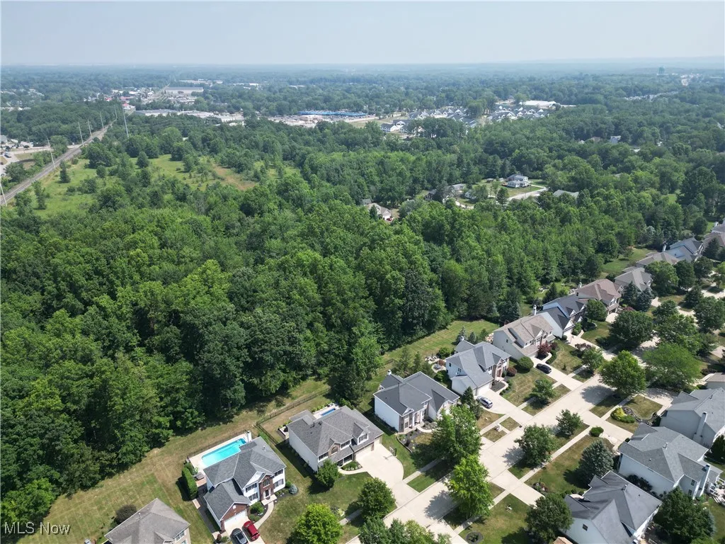 Aerial perspective of suburban area with a heavily wooded area