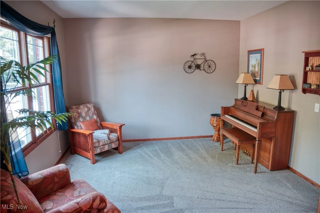 Living area with carpet flooring