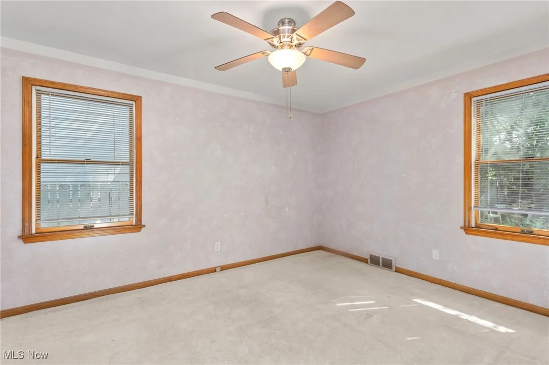 Carpeted spare room with a ceiling fan and crown molding