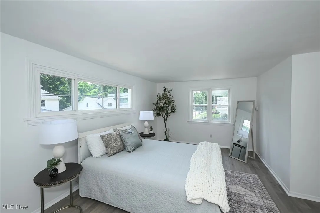 Bedroom featuring multiple windows and dark wood-type flooring