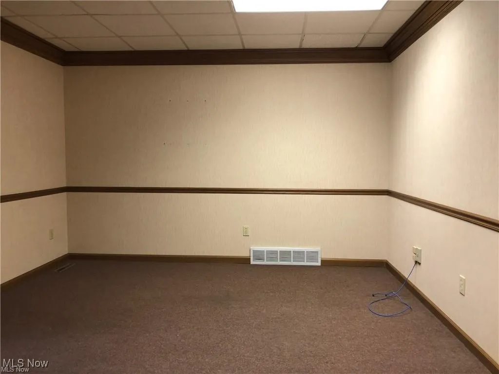 Empty room featuring carpet floors, crown molding, and a drop ceiling