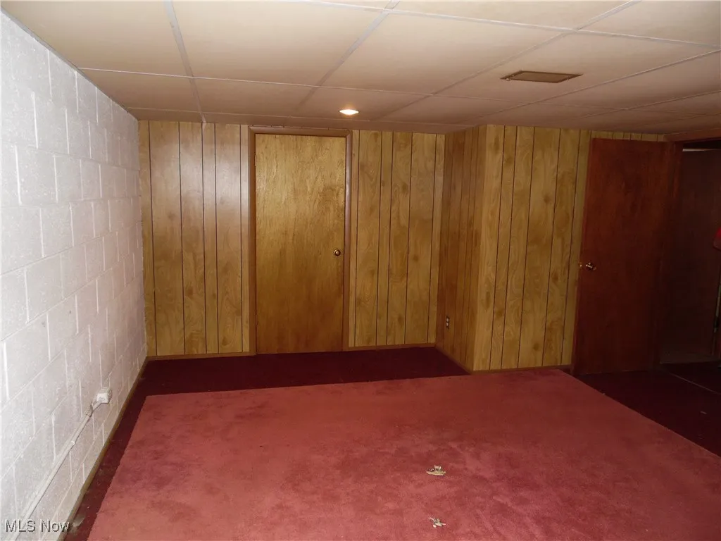Carpeted spare room with wood walls and a paneled ceiling