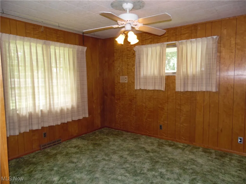 Unfurnished room featuring carpet, wood walls, and a ceiling fan