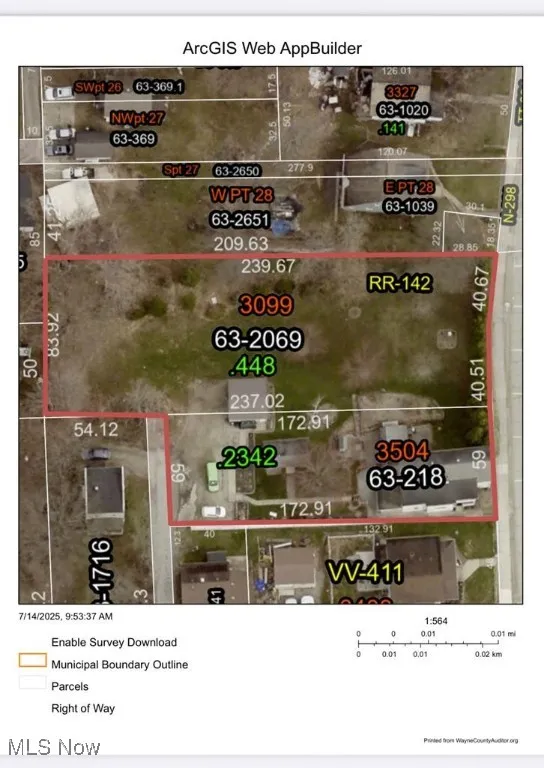 Aerial map of property and surrounding area with property boundaries highlighted