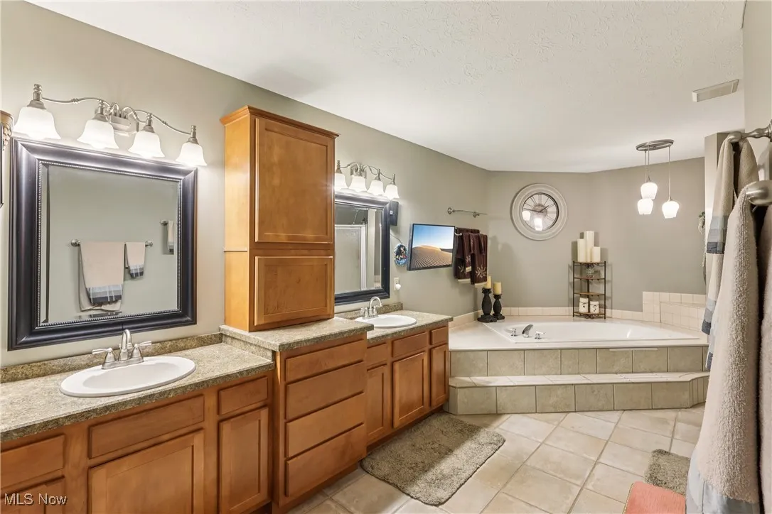 Second floor primary bathroom with dual sink / vanity, special lighting, jetted bathtub, separate shower and ceramic floors.
