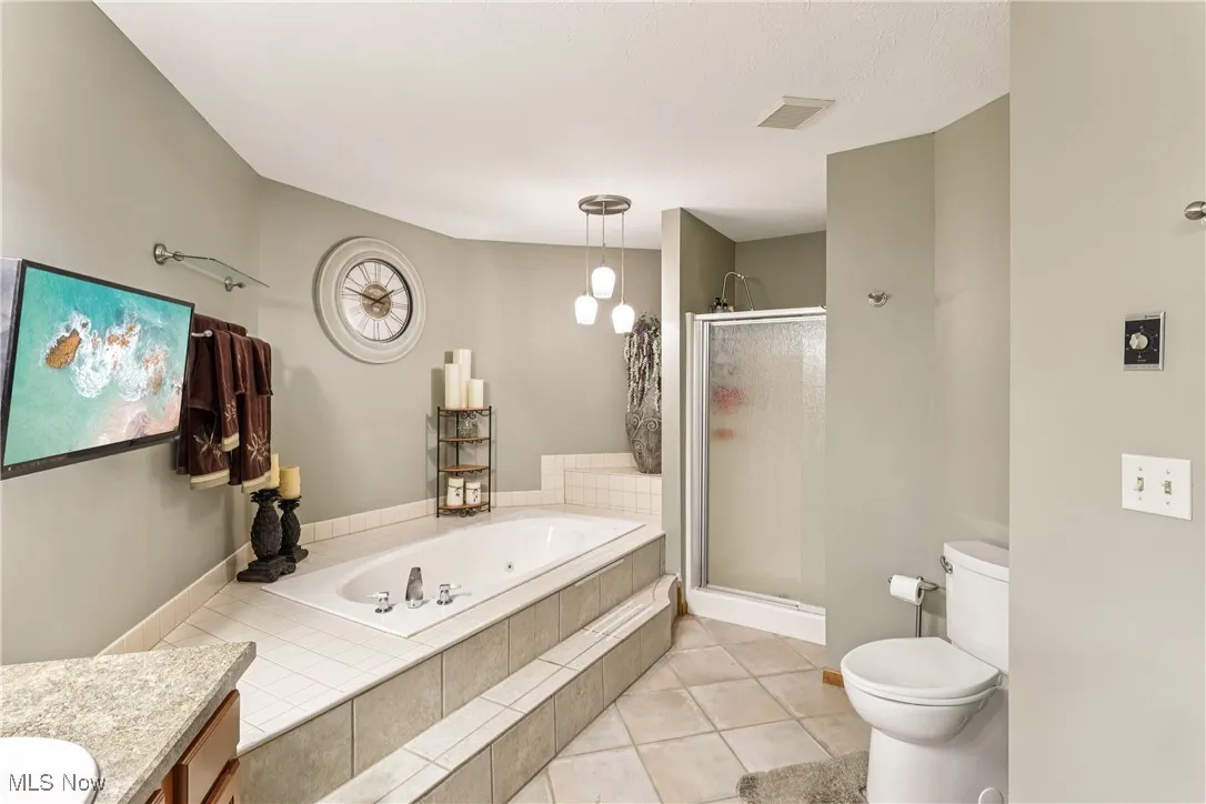Primary bathroom with a jetted tub, a stall shower, commode and ceramic flooring