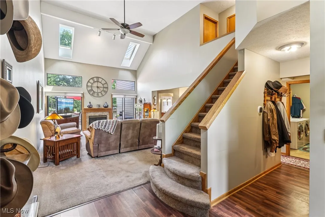 Great room with vaulted ceiling, sky lights, ceiling fan / light and carpet flooring