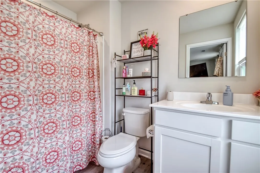 Bathroom with vanity, wood finished floors, and a shower with shower curtain