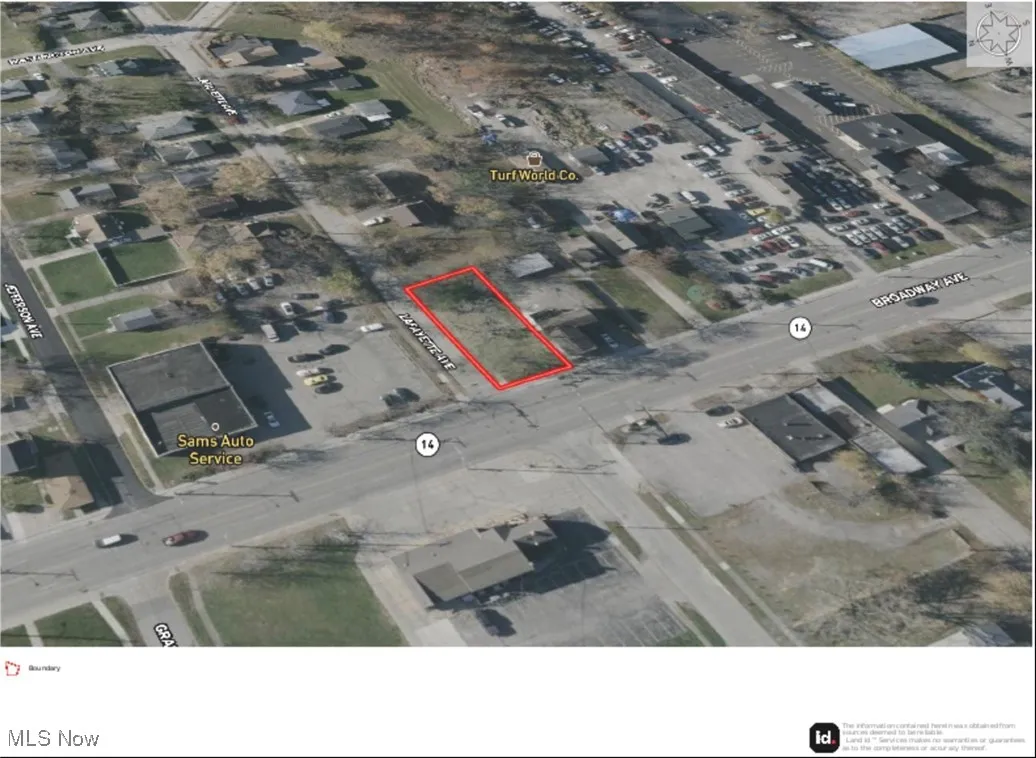 Aerial map of property and surrounding area featuring property boundaries highlighted