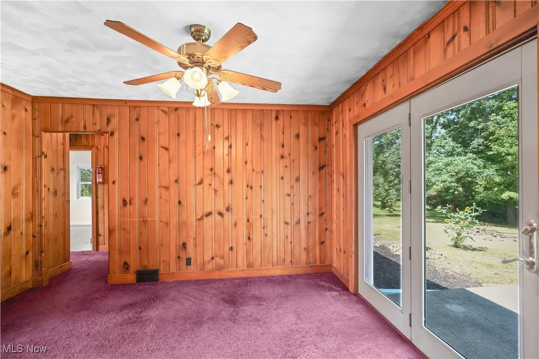 Carpeted spare room featuring plenty of natural light, wood walls, and a ceiling fan