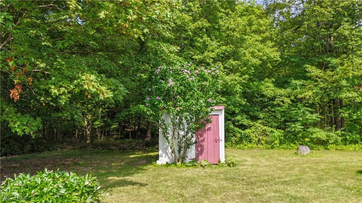 View of grassy yard featuring a shed