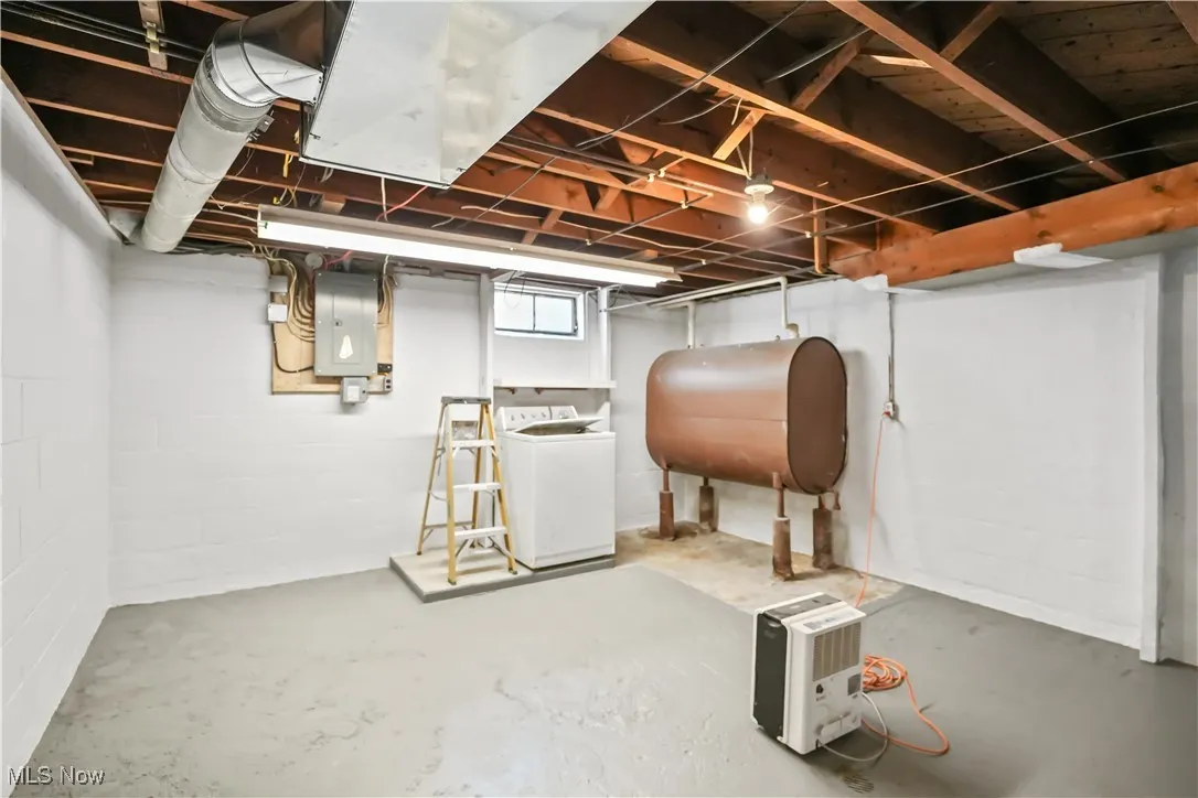 Basement with heating fuel, washer / clothes dryer, and electric panel
