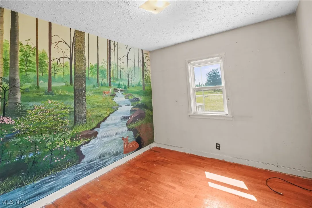 Unfurnished room with a textured ceiling and wood finished floors