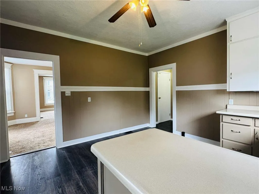Kitchen featuring ceiling fan, white cabinets, dark wood finished floors, light countertops, and a wainscoted wall