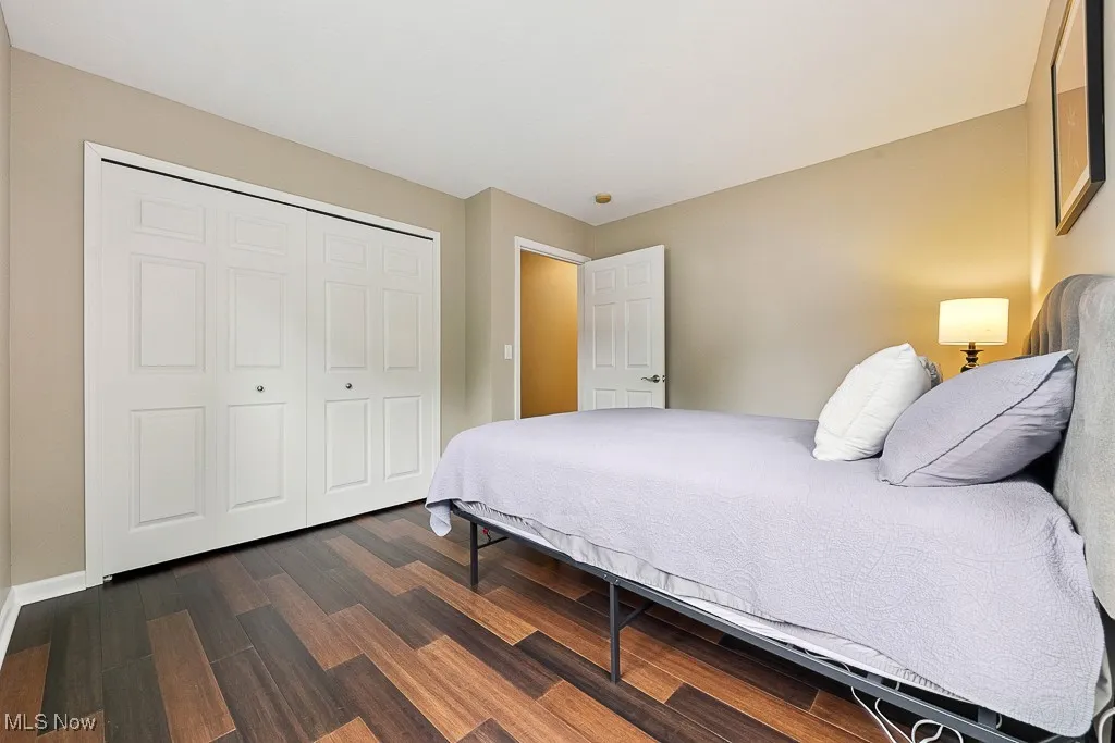 Bedroom featuring dark wood-style floors and a closet