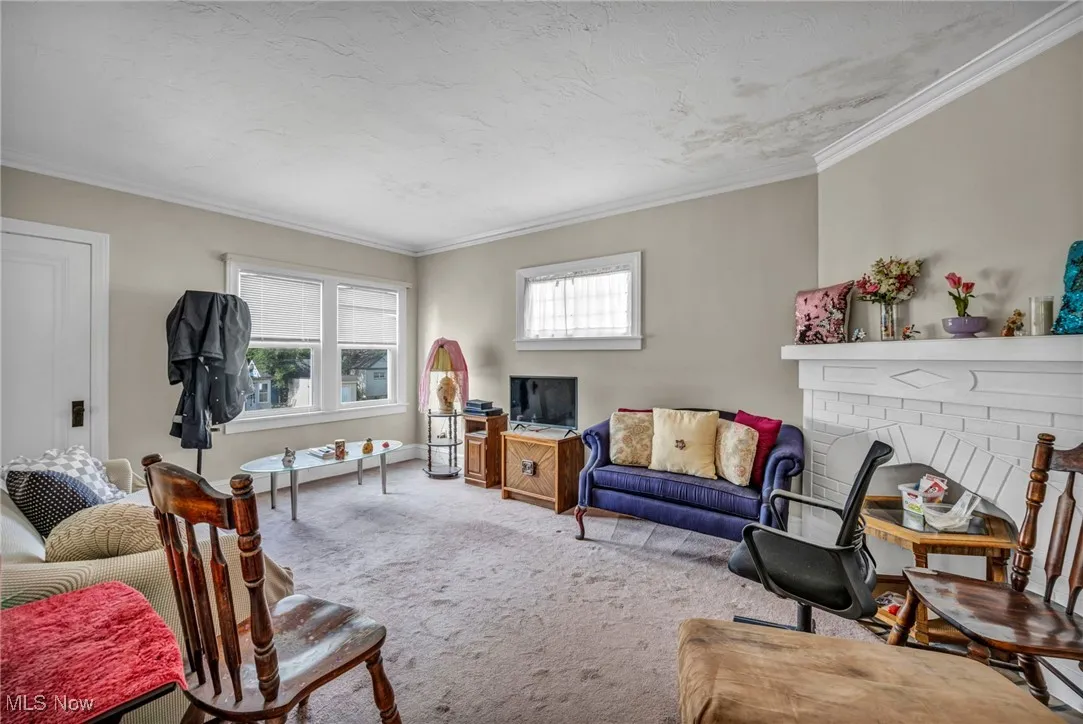 Living room with carpet and ornamental molding
