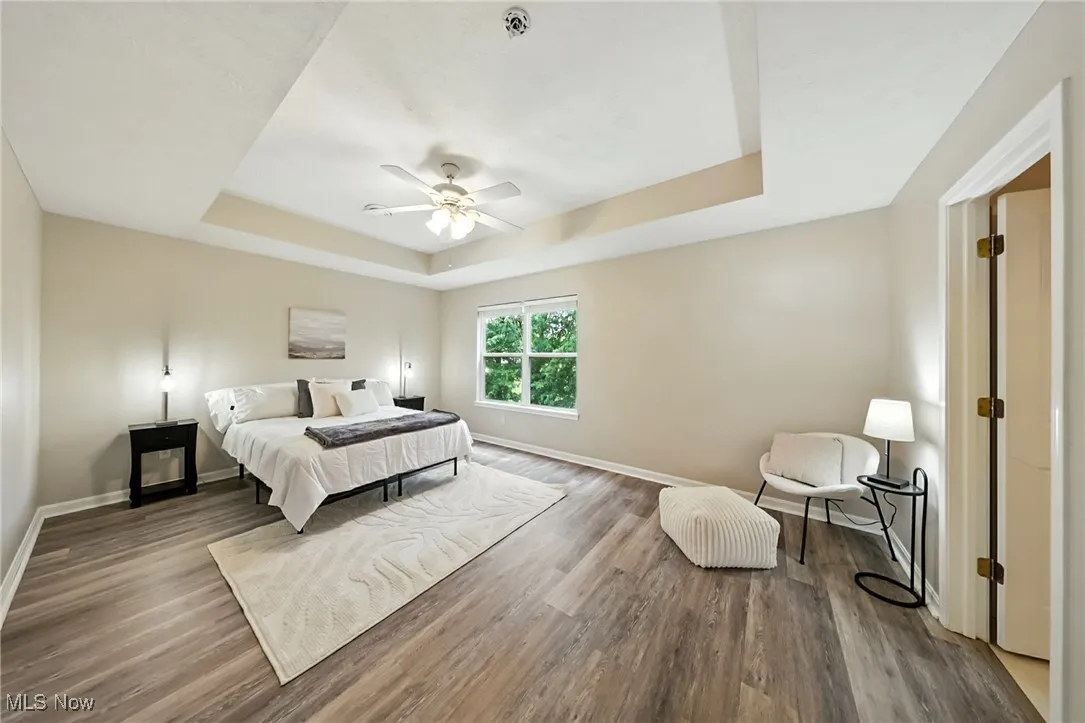 Bedroom featuring a tray ceiling, wood finished floors, and ceiling fan