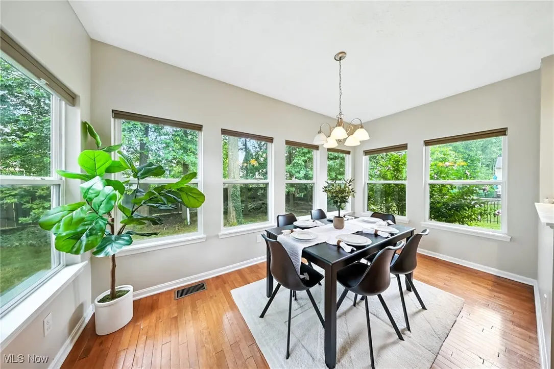 Dining area featuring a chandelier and light wood-type flooring