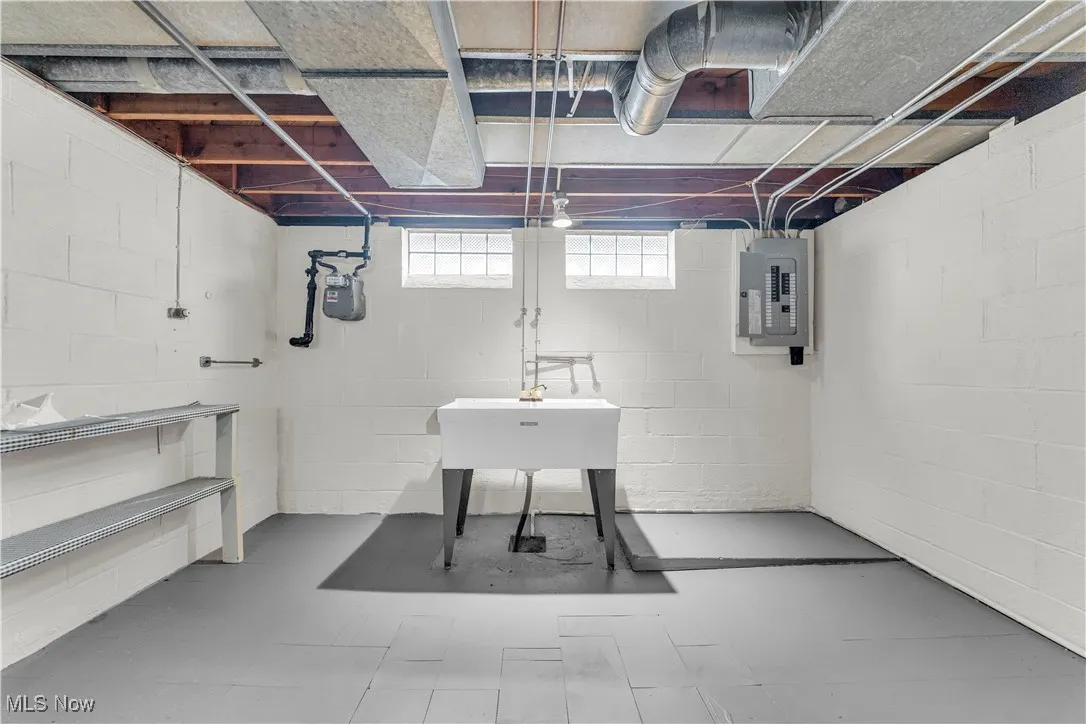 Below grade area featuring electric panel and gas meter