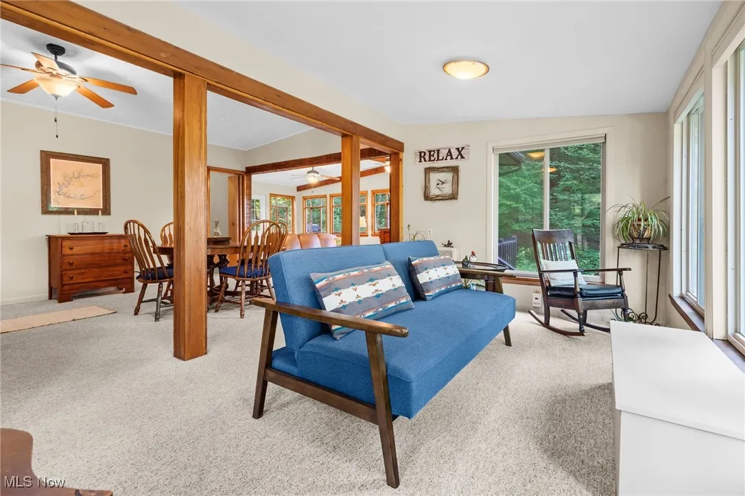 Living area featuring ceiling fan and carpet floors