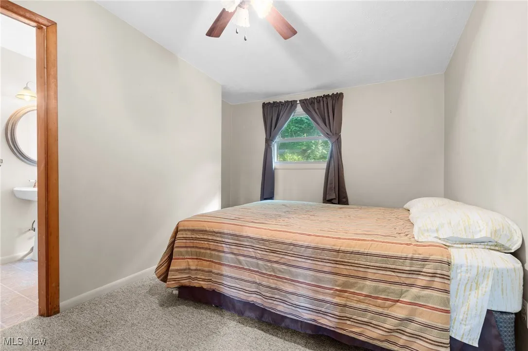 Carpeted bedroom with connected bathroom and ceiling fan