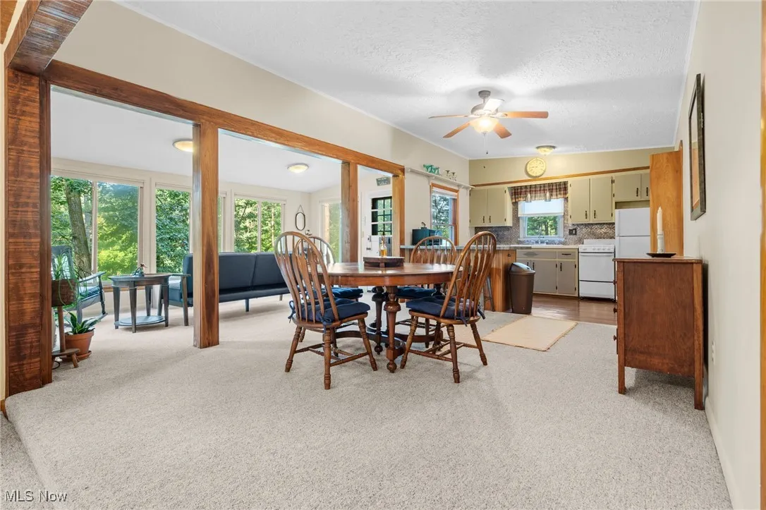 Dining room with light carpet, healthy amount of natural light, a ceiling fan, and a textured ceiling