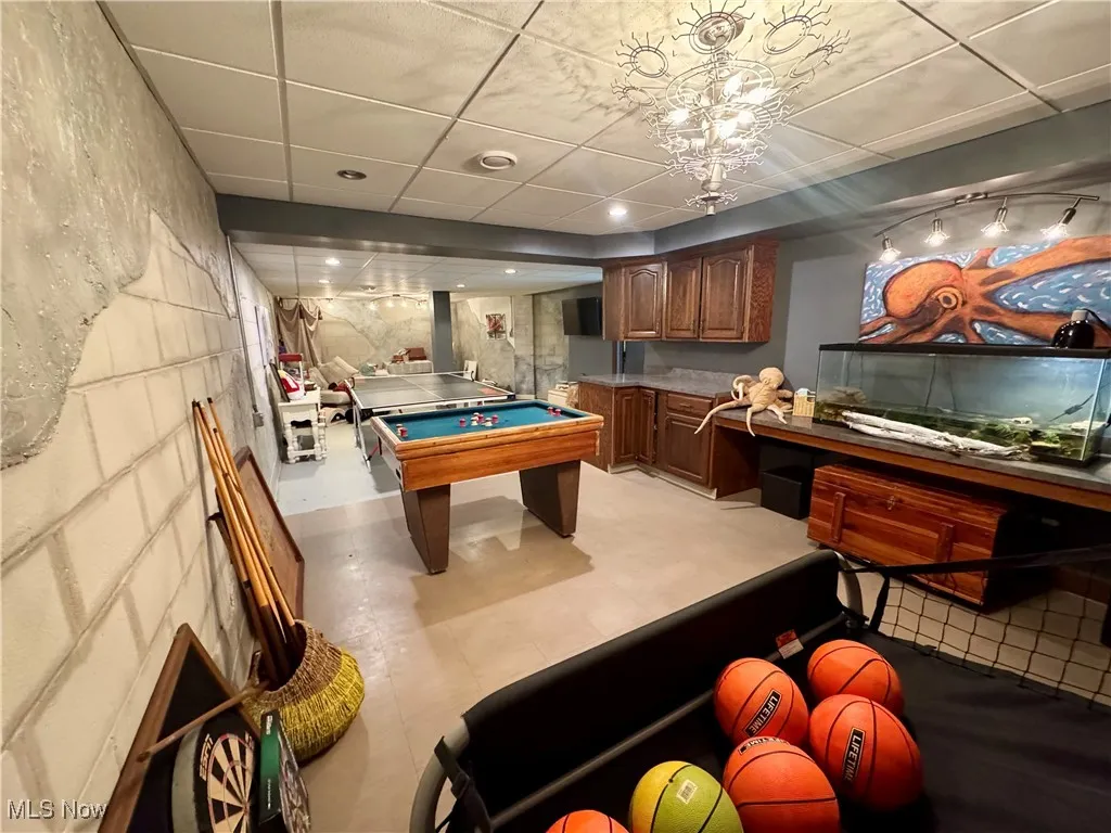Rec room with billiards, recessed lighting, and a paneled ceiling