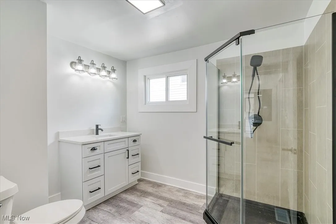Bathroom featuring vanity, wood finished floors, and a shower stall