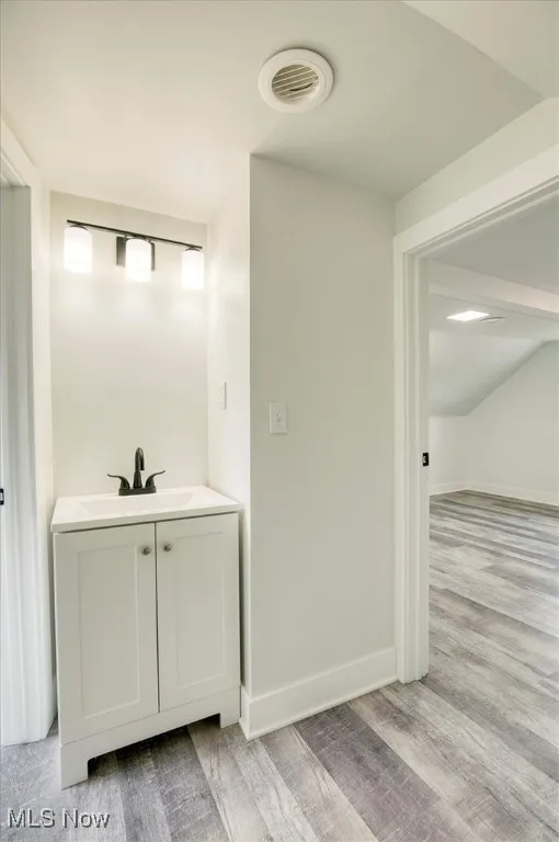 Bathroom with wood finished floors and vanity