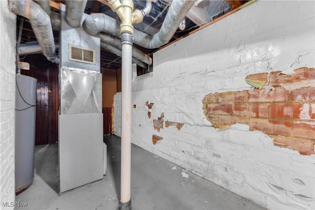 Unfinished below grade area with water heater and heating unit