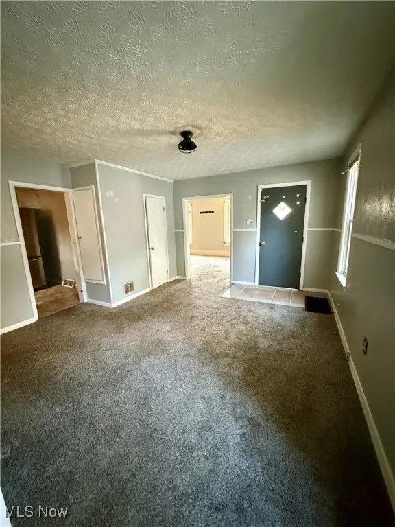 Carpeted spare room with a textured ceiling