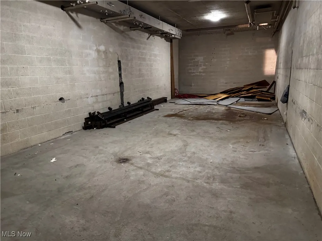 Unfinished basement featuring concrete block wall