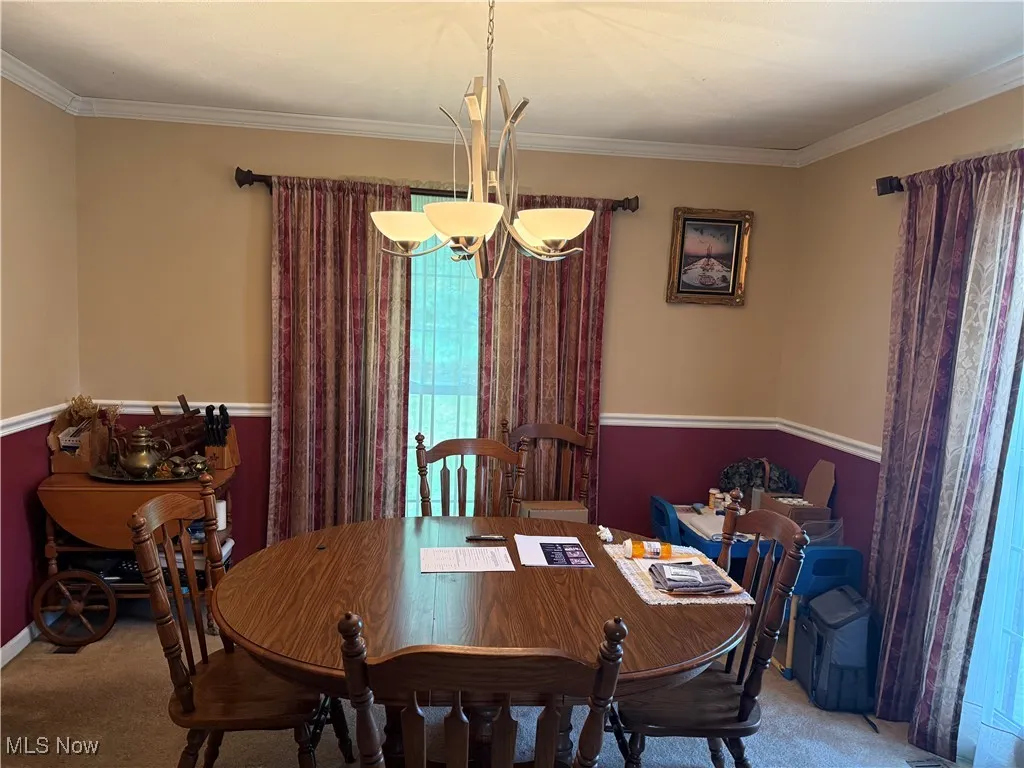 Carpeted dining space featuring ornamental molding