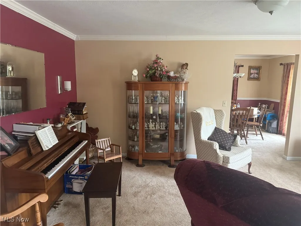 Carpeted living room featuring ornamental molding and baseboards
