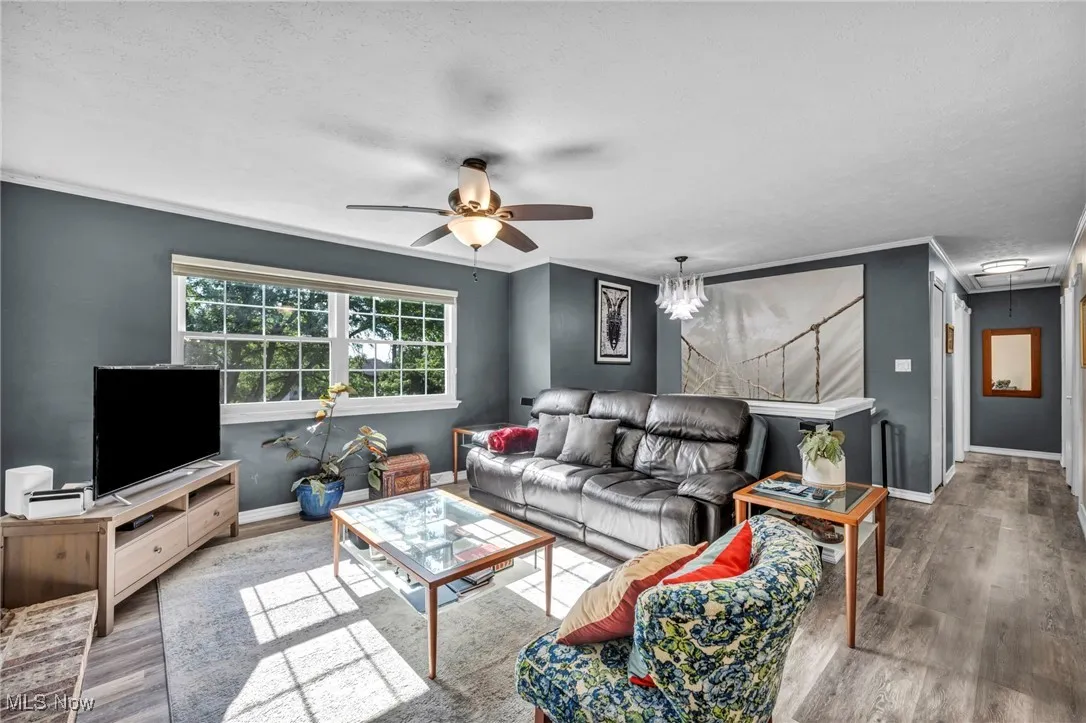 Living room featuring a ceiling fan, wood finished floors, attic access, crown molding, and a textured ceiling