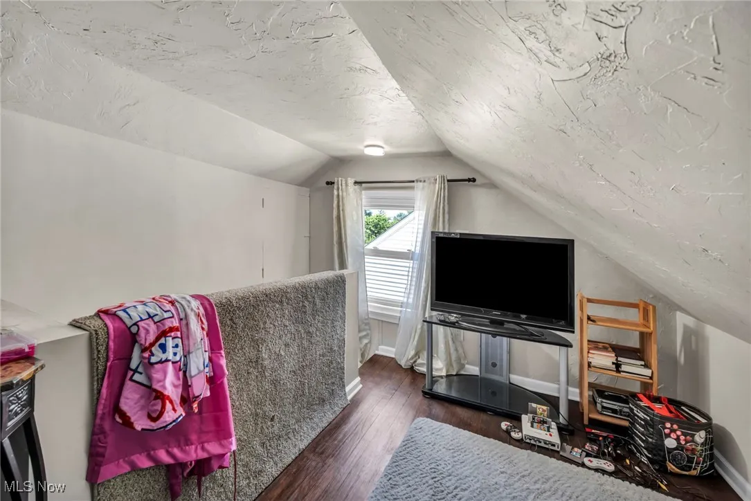 Bonus room featuring vaulted ceiling, wood finished floors, and a textured ceiling