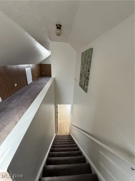 Stairway featuring lofted ceiling, carpet floors, wood walls, and a textured ceiling