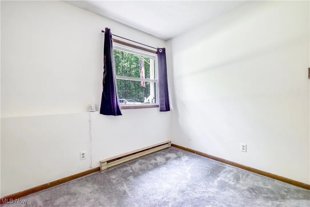 Carpeted spare room featuring baseboard heating and baseboards