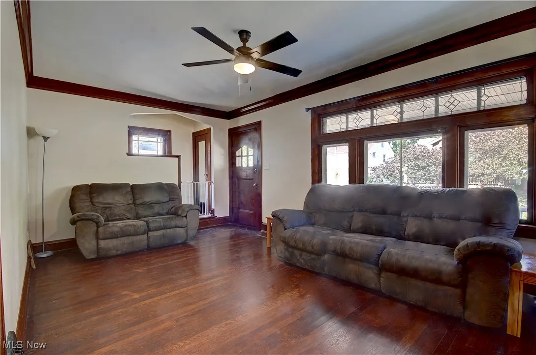 Living room featuring a ceiling fan, wood finished floors, and crown molding
