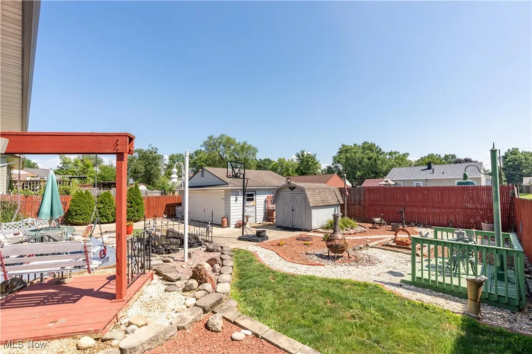 Fenced backyard with a storage shed, a deck, and a patio