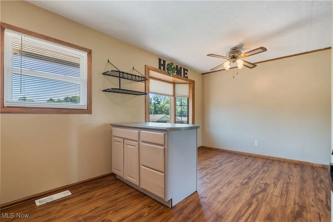Kitchen featuring a ceiling fan, dark wood-style floors, and a peninsula