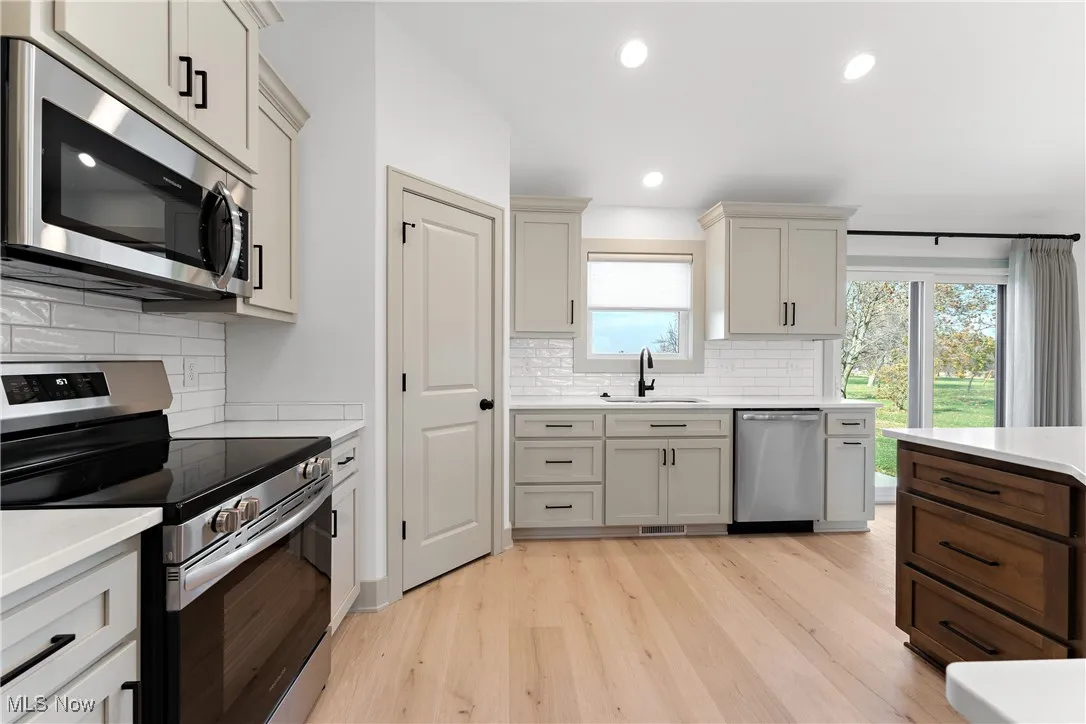 Kitchen featuring light wood-type flooring, stainless steel appliances, sink, and plenty of natural light