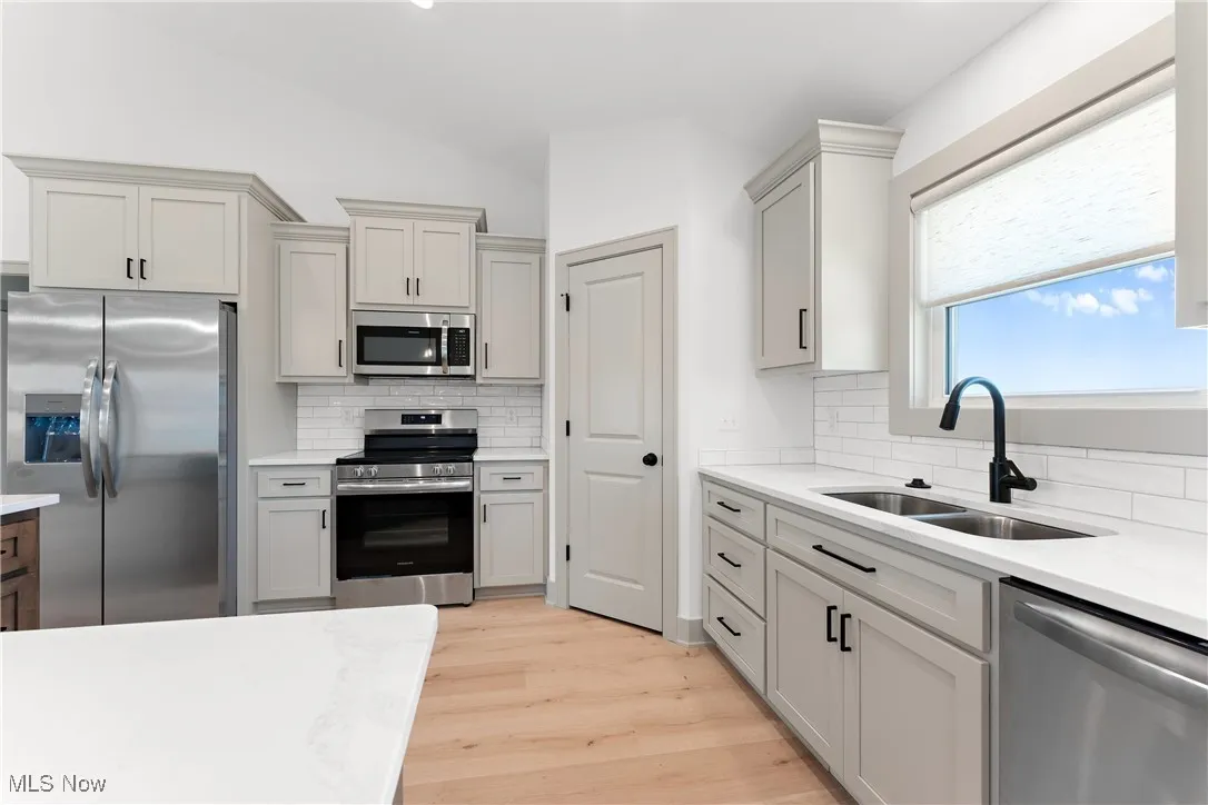 Kitchen featuring light hardwood / wood-style floors, sink, tasteful backsplash, gray cabinetry, and appliances with stainless steel​​‌​​​​‌​​‌‌​‌‌​​​‌‌​‌​‌​‌​​​‌​​ finishes