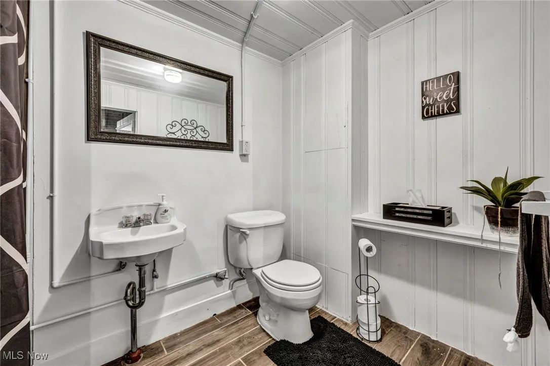 Bathroom with a decorative wall, wood finished floors, and crown molding
