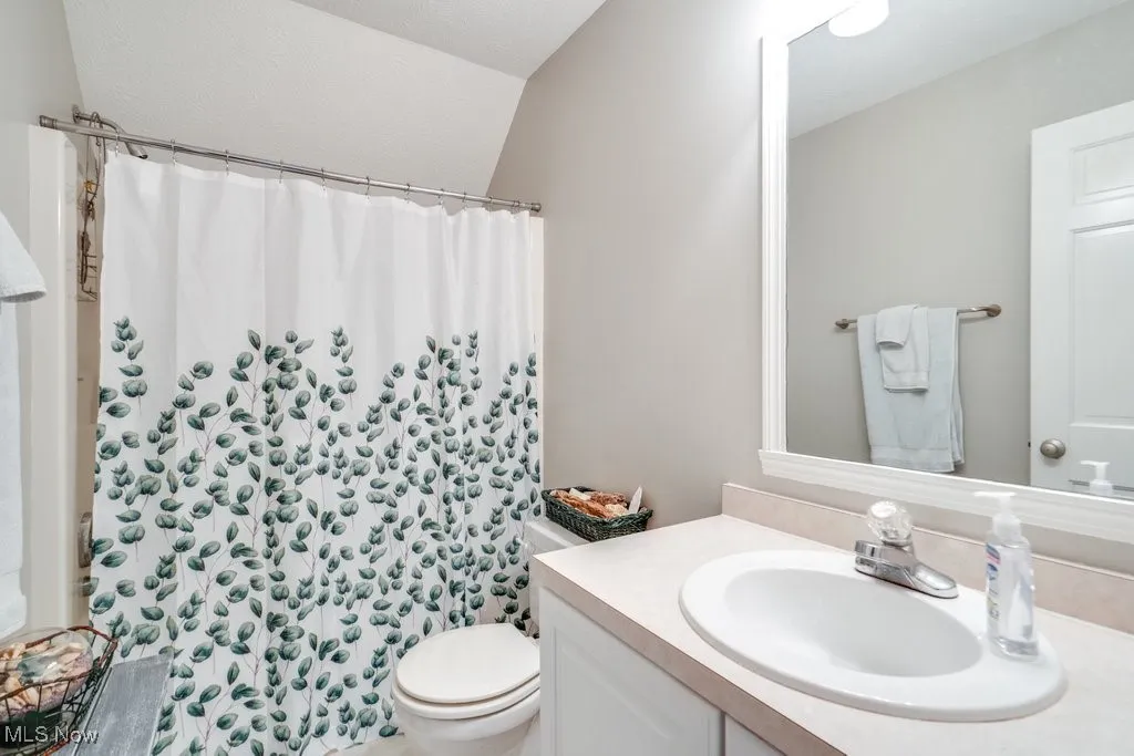 Bathroom featuring vanity, a shower with curtain, and lofted ceiling