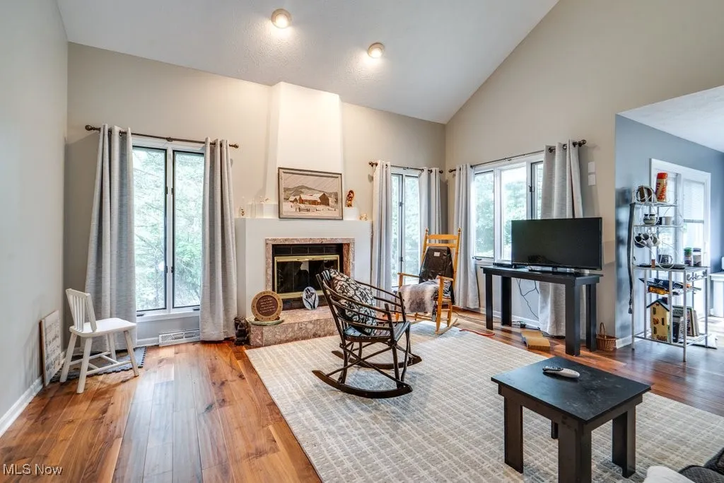 Living room featuring a tile fireplace, high vaulted ceiling, and wood finished floors
