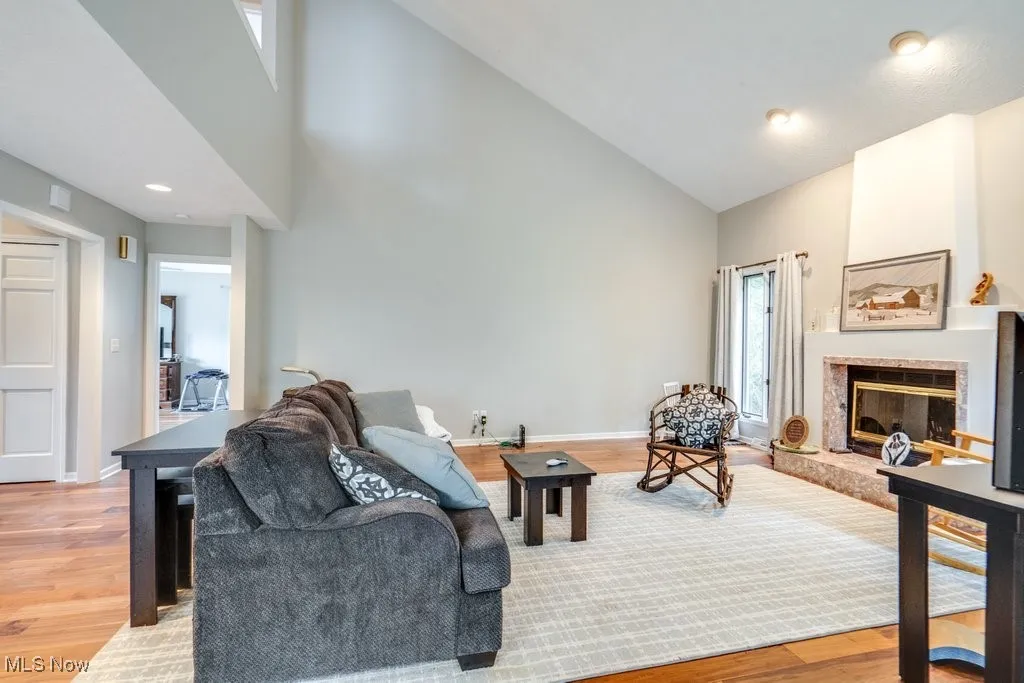 Living area with high vaulted ceiling, light wood-type flooring, and a glass covered fireplace