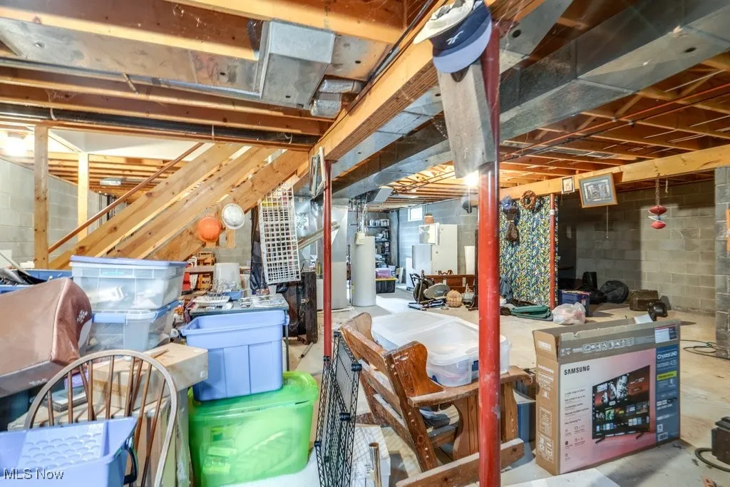 Unfinished basement with gas water heater and heating unit