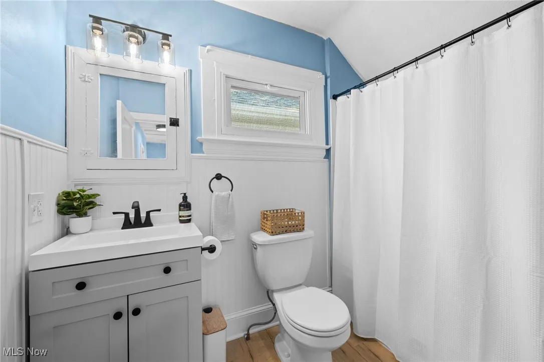 Full bathroom with vanity, wood finished floors, wainscoting, vaulted ceiling, and a tub with curtain