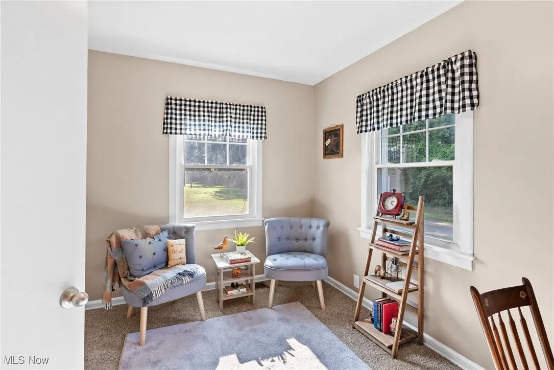Sitting room featuring carpet floors and baseboards